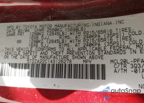 2004 Toyota Sienna Xle/Xle Limited из США, поврежденный, VIN 5TDZA22C14S126278